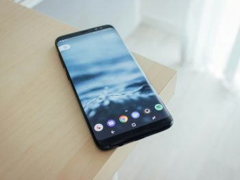 A Samsung smartphone on a table.